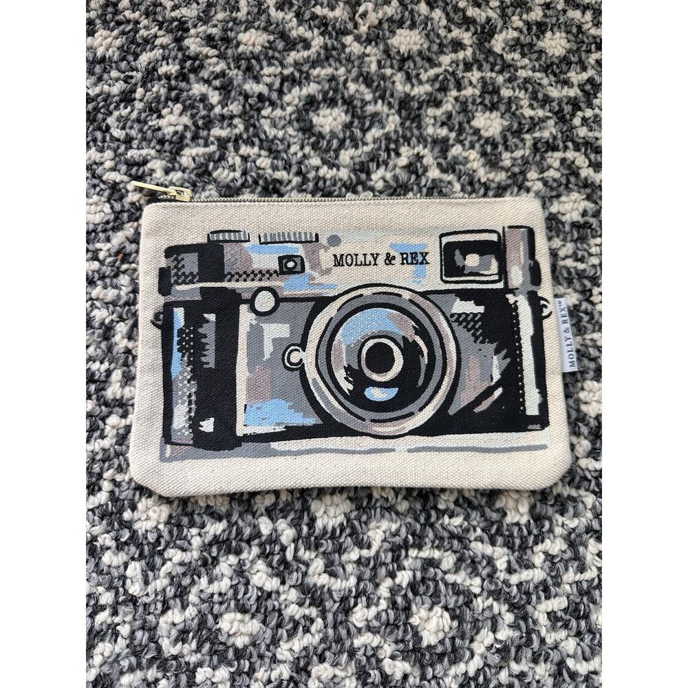 Molly & Rex Camera Decal Zipper Pouch Textured Makeup Pens Small Natural Fabric